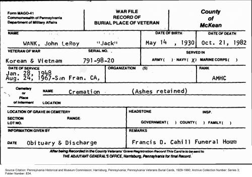 AMHC John Wank Death Certificate